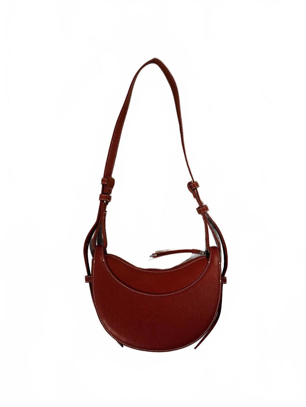 Cognac Brown Crescent Hobo Shoulder Bag Contrast Stitching Adjustable Strap